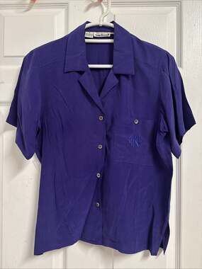Vintage 80s Anne Klein II Silk Blouse Purple Sz 4 Shirt Monogramed